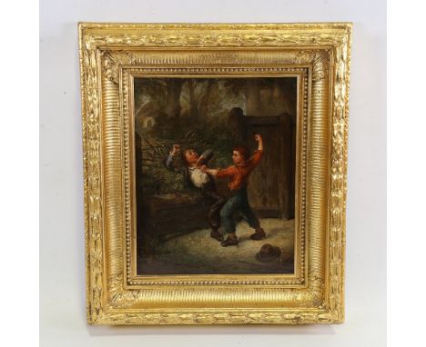 Paul Delcour, The Young Pugilists, oil on canvas, signed with indistinct date, also inscribed verso, 12" x 10", framedPaint s