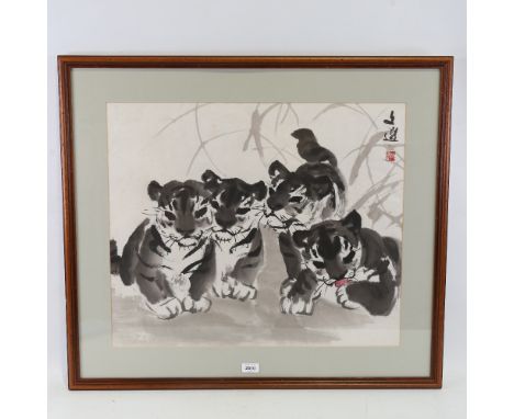 Tang Wen Xuan (born 1925), tiger cubs, ink on paper, signed with artist's seal, 21" x 25", framedLight fox marks and slight p