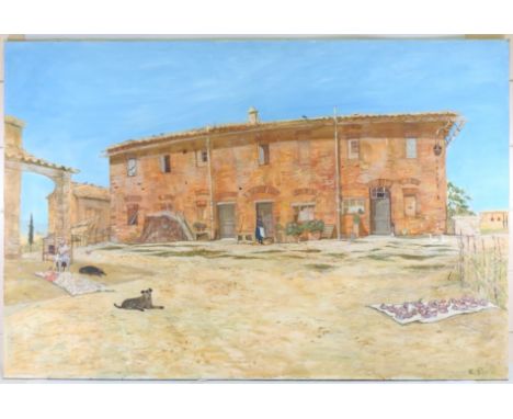 Richard Beer, a Continental courtyard, large scale oil on canvas, signed, 40" x 60", unframedVery good bright condition, no c