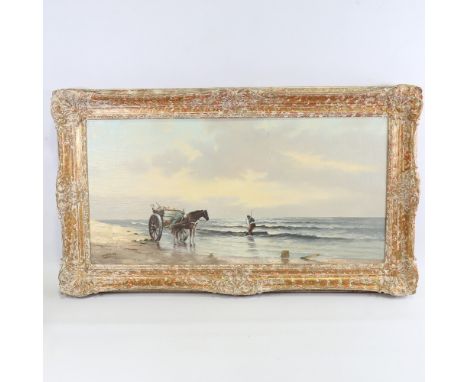 F Dubois, figure with horse and cart on the beach, signed, 16" x 32", framed1 patch repair with small line of overpainting, p