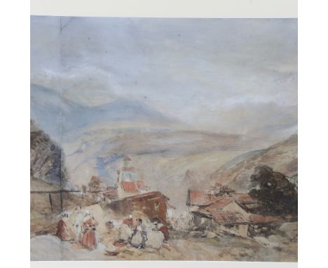 Circle of Richard Parkes Bonnington (1801 - 1828), large panoramic watercolour, Continental mountain landscape, possibly Swit