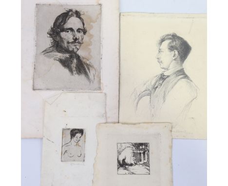RICHARD WALLWORK (New Zealand 1882-1955), small group of etchings, pencil portrait dated 1909 (4) Dates 1909 before Wallwork 