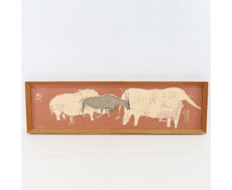 John Day, Neolithic cave painting, impasto incised oil/gesso on board, 1967, signed, 8" x 29", framedGood original condition 