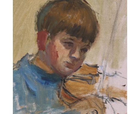 Follower of Isaac Israels, oil on canvas, portrait of a boy playing a violin, bears signature, 15" x 13", wood strip frameGoo