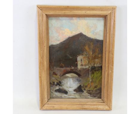 19th century Italian School, bridge over a river, oil on canvas, unsigned, 15" x 9.5", framedA few very light surface abrasio