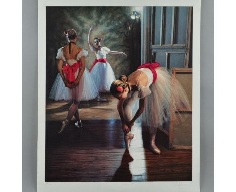DOUGLAS HOFMANN (AMERICAN CONTEMPORARY) 'RED SASH', a limited edition print 98/195 of Ballet Dancers preparing for a Performa