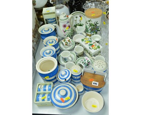 A QUANTITY OF T G GREEN CORNISH KITCHEN WARE, including green back stamp hanging salt box together with Portmerion Botanic Ga