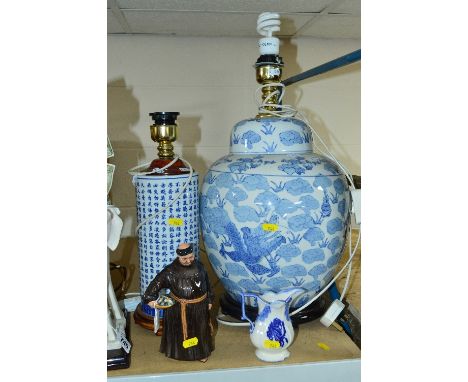 A ROYAL DOULTON FIGURE, 'The Jovial Monk' HN2144, two Chinese blue and white ceramic table lamp bases and a 'Blakeney' jug (4