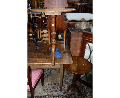 A GEORGIAN AND LATER OAK TRIPOD TABLE, and another oak tripod table (2)