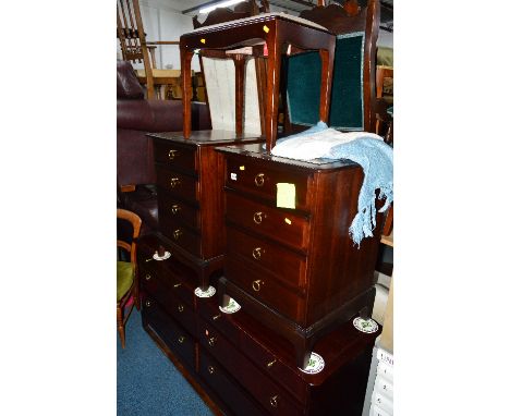 A PAIR OF STAG MINSTRAL FOUR DRAWER BEDSIDE CHESTS, and a stool together with a low Stag Ministral chest of four short and fo