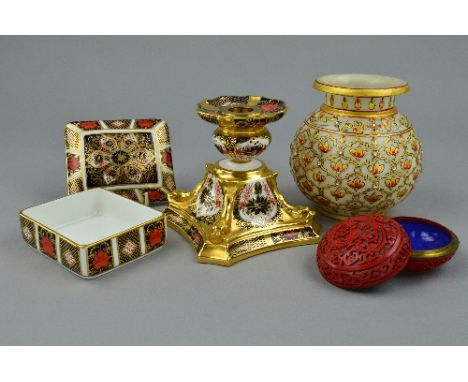 A ROYAL CROWN DERBY OLD IMARI GOLD BRANDED CANDLESTICK, height approximately 12cm (was originally 27cm), a R.C.D. '1128' trin