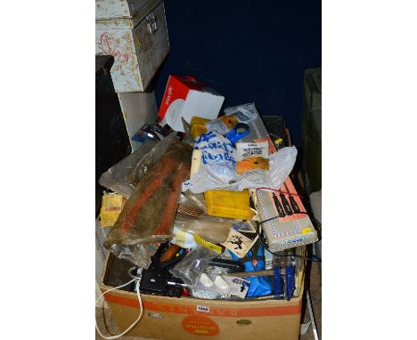 TWO TRAYS OF AUTOMOTIVE TOOLS, and consumables including Bodywork hammer set, jemmy set, multimeters, etc