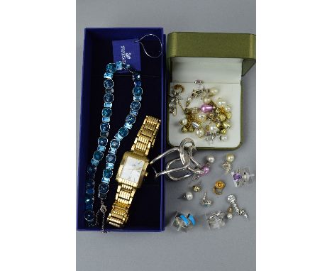AN ASSORTED JEWELLERY COLLECTION, to include a quantity of gold plated earrings, a gent's gold plated Rotary wrist watch, squ