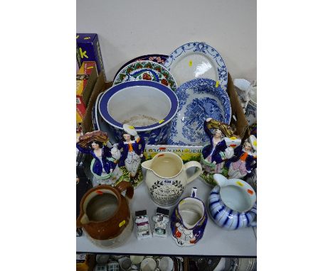 VARIOUS CERAMICS to include two Staffordshire flatback figure groups, two fairing figure groups, stoneware hunting scene jug 