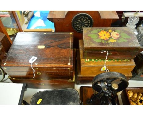 FIVE VARIOUS WORK BOXES, to include writing slope (distressed), inlaid mother of pearl etc