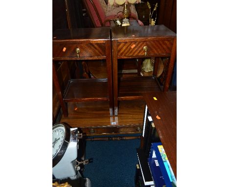 A REPRODUCTION MAHOGANY SOFA TABLE, with two drawers, a mahogany chest of three drawers and a pair of bedside cabinets (4)