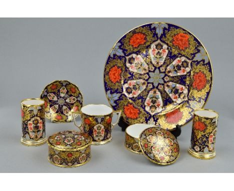 A GROUP OF HAMILTON DERBY IMARI PATTERNED CHINA, to include loving cup, plate (diameter approximately 27cm), pair vases (heig