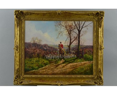 DONALD AYRES (BRITISH 1936-) 'HUNTING' Hunt master and hands, with rest of the field beyond in an Autumnal landscape, oil on 