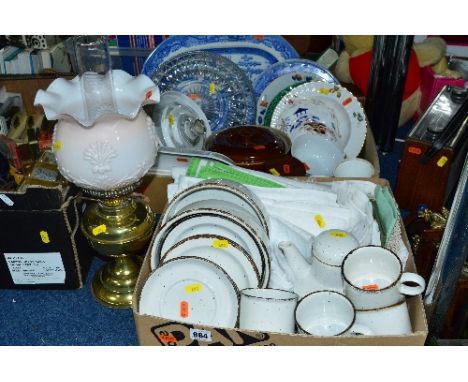 TWO BOXES OF CERAMICS, TABLE LINEN, etc, to include a brass based oil lamp, blue and white meat plate, etc (two boxes and an 