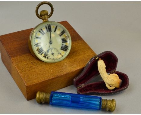 A GLOBE WATCH No 925145 (damage to enamel), together with a scent bottle, cheroot holder (3)