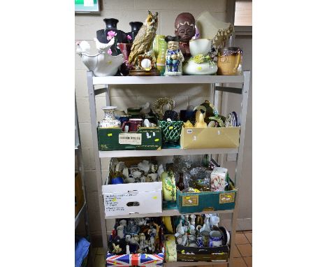 SIX BOXES AND LOOSE CERAMICS, GLASSWARES, etc, to include Doulton Lambeth 'Hunting' scenes, loving mug (one handle off), Capo