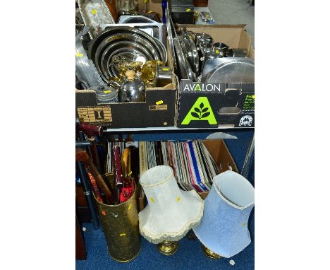 TWO BOXES OF STAINLESS STEEL TABLE WARES, to include Old Hall, other metal wares, two table lamps, brass stick stand containi