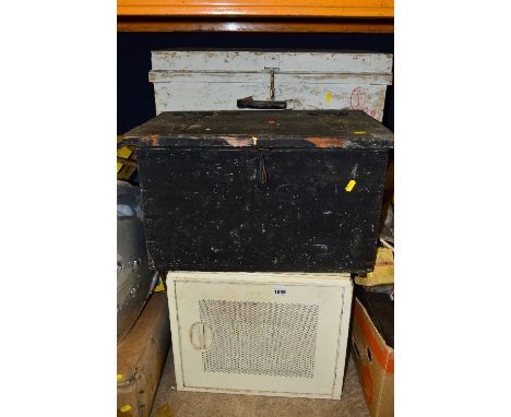 A METAL MEAT SAFE, a metal cabinet, metal trunk and a wooden tool box (4)