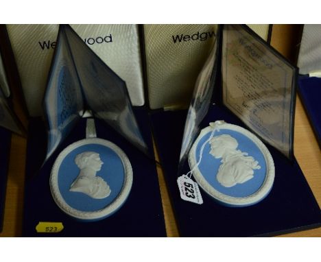 TWO BOXED LIMITED EDITION WEDGWOOD BLUE AND WHITE JASPER PORTRAIT MEDALLIONS, commemorating HRH The Prince of Wales No 1403/3