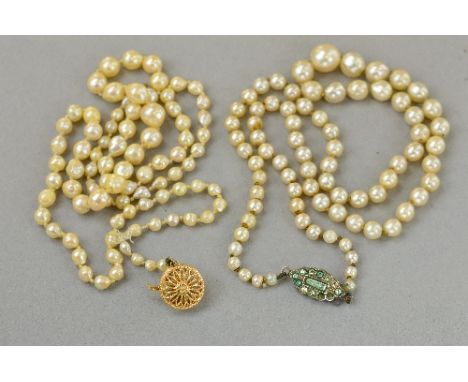 TWO GRADUATED CULTURED PEARL NECKLACES, one measuring approximately 460mm in length, cultured pearls graduate from 3.6mm - 8.