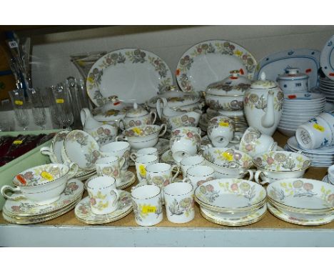 A WEDGWOOD LICHFIELD PATTERN COMPREHENSIVE DINNER SERVICE, to include three covered tureens, meat plates, coffee pot, sauce b
