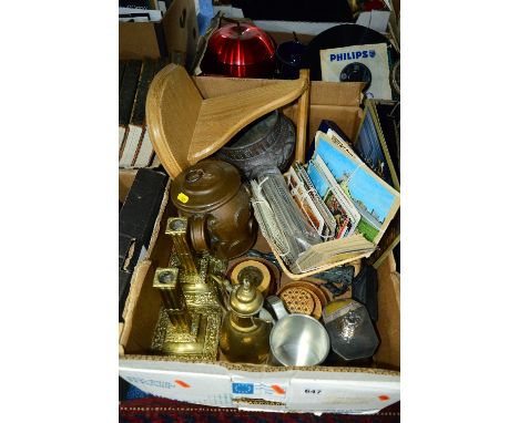 A BOX OF SUNDRIES, to include pair brass candlesticks, Sheffield plated tea caddy (The Queen's Silver Jubilee), other metalwa