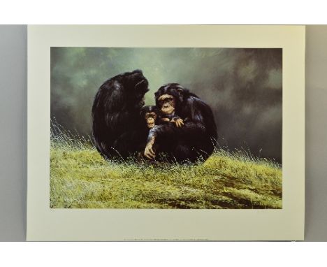 SPENCER HODGE (BRITISH - 1943) 'FAMILY PORTRAIT', a limited edition print 44/350 of a group of chimpanzees, signed and number