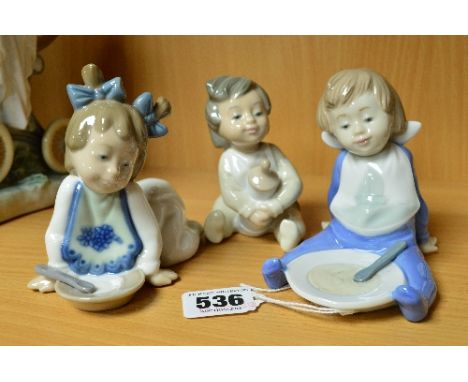 THREE NAO BABY/TODDLER FIGURES, baby boy with plate and spoon and baby girl with plate and spoon (I'm full), and 'Bedtime sna