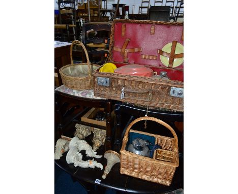 A VINTAGE PICNIC HAMPER, marked Argosy Ware, three wicker baskets, six foliate moulded wall shelves, etc