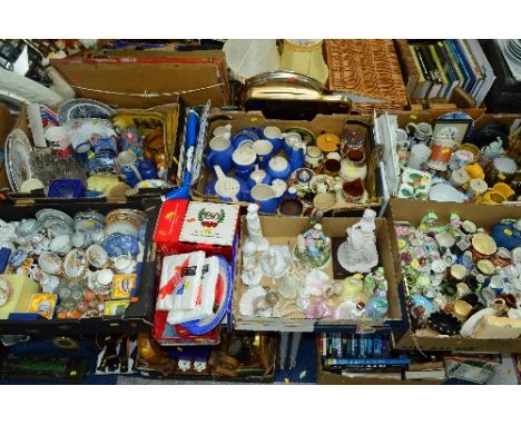 SIX BOXES OF CERAMICS, including figurines by Nao and Spode, motto ware, miniature tea and dinner sets, Royal Commemorative i