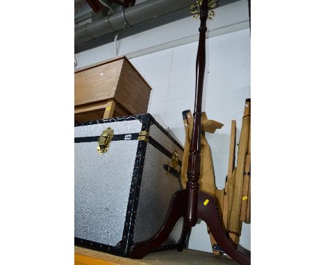 A MODERN TRUNK, a mahogany hat stand, sewing box and a military folding camp bed (4)