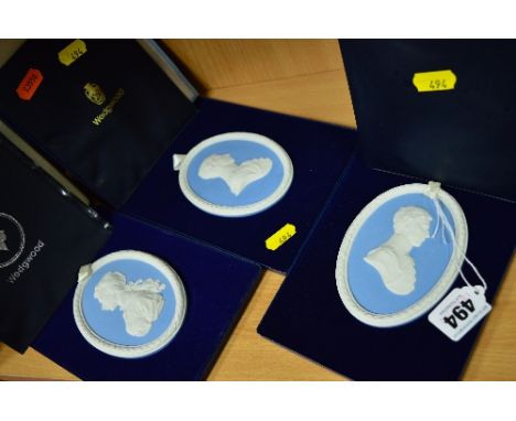 THREE BOXED LIMITED EDITION WEDGWOOD PORTRAIT MEDALLIONS, in blue and white jasper, two commemorating HRH The Prince of Wales
