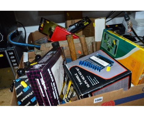 TWO TRAYS OF MECHANICAL ENGINEERING TOOLS, including racket ring, spanners, Bodywork sanding pads, spray compressers, bearing