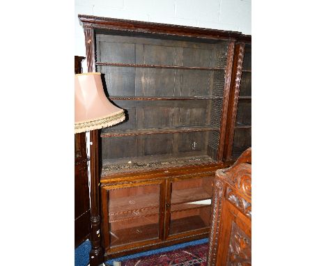 A VICTORIAN ROSEWOOD OPEN BOOKCASE, with double glazed doors, the upper section with three adjustable shelves and carved bead