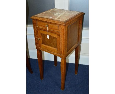 A 20TH CENTURY OAK POT CUPBOARD, with veined marble top, single drawer and cupboard revealing an enamel interior, approximate
