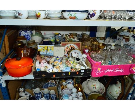 FIVE BOXES OF HOUSEHOLD CERAMICS AND GLASSWARE, together with a Le Creuset  casserole dish and cover in orange enamel, stone 