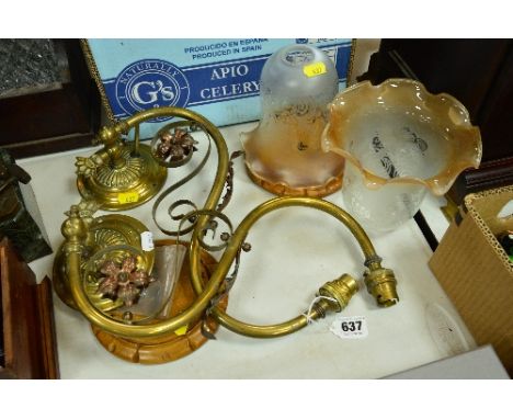 A PAIR BRASS GAS WALL LIGHT FITTINGS, with two glass shades