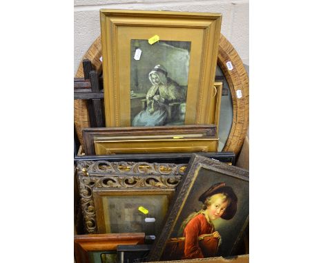 PAINTINGS AND PRINTS, a box of late 19th and 20th Century pictures, includes and oval portrait of a lady, oil and watercolour