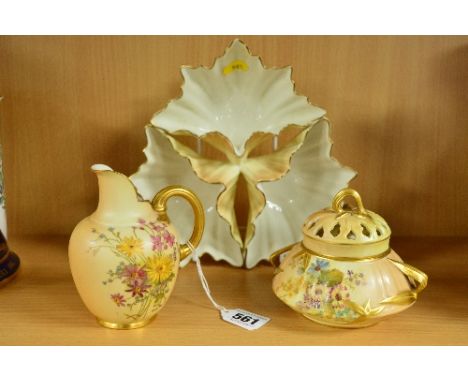 THREE PIECES OF ROYAL WORCESTER, to include blush ivory jug florally decorated shape No.1094, height 12cm, a twin handled pot