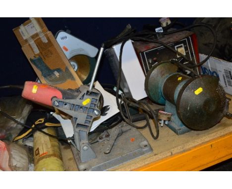 A BLACK SPUR MITRE SAW, angle grinder, a Wolf bench grinder, a Black and Decker sander and a Fern hot air gun (three spares b