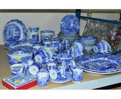 A QUANTITY OF SPODE ITALIAN PATTERN DINNERWARES, including two meat platters, breakfast and tea cups and saucers, three sizes