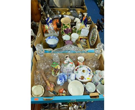 TWO BOXES OF 19TH AND 20TH CENTURY CERAMICS AND GLASSWARE, including two Staffordshire flatback figures, sd, Goebel figures, 