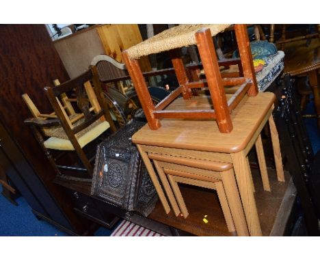 AN EARLY 20TH CENTURY CARVED OAK PURDONIUM, brass topped folding table, child's rocking chair, two circular wall mirrors, a m
