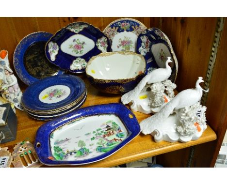 TWO ROYAL CROWN DERBY (UNNAMED/UNFINISHED) PEACOCKS, together with Royal Worcester square shaped bowl (a.f), various Staffs c