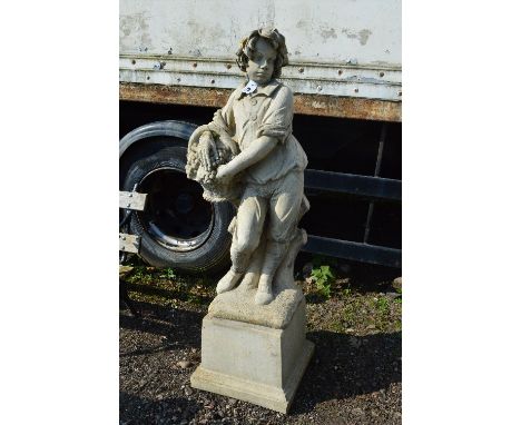 A LARGE COMPOSITE FIGURE OF A BOY WITH A BASKET OF GRAPES, on separate plinth, 153cm high